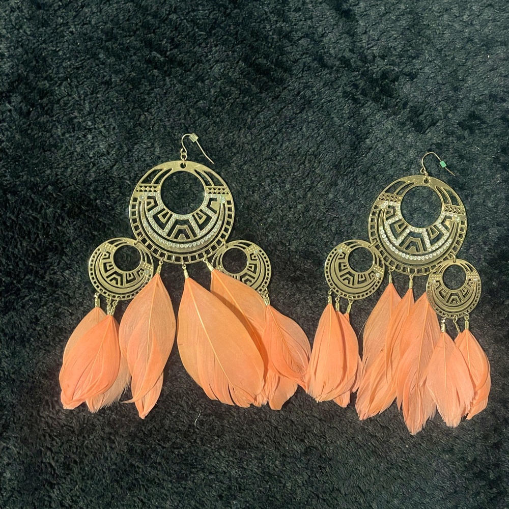 Anthropologie Gold 5.5" Crystal Feather Drop Earrings - Coral